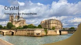  Presentation with notre dame paris france - Amazing presentation design having famous notre dame de paris cathedral under beautiful cloudy sky in paris france view from seine river backdrop and a light blue colored foreground