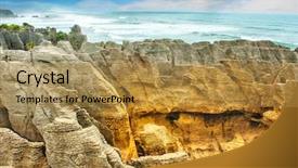  Presentation with pancake - Presentation with famous pancake rock in punakaiki paparoa national park new zealand background and a gold colored foreground