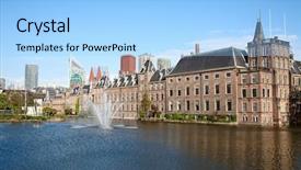  Presentation with complex - Slide deck with famous parliament and court building complex binnenhof in hague background and a light blue colored foreground