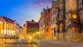 Presentation with prague astronomical clock - Audience pleasing PPT theme consisting of famous prague clock orloj backdrop and a gold colored foreground