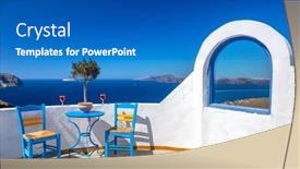  Presentation with santorini - Presentation design enhanced with famous-santorini-greece-outdoor-seating background and a teal colored foreground