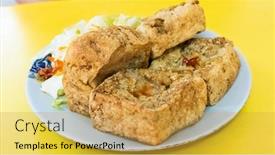  Presentation with snack - PPT layouts enhanced with famous taiwanese snack of stinky tofu on the table background and a yellow colored foreground
