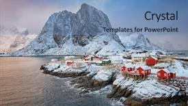 Presentation with falling snow - Theme featuring famous tourist attraction hamnoy fishing background and a teal colored foreground