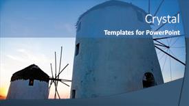  Presentation with windmills - PPT layouts consisting of famous view traditional windmills on the island mykonos greece background and a teal colored foreground
