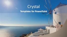  Presentation with sea sun - Colorful presentation theme enhanced with famous-windmill-on-santorini-island backdrop and a teal colored foreground