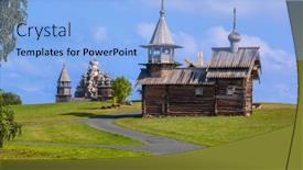  Presentation with island - Presentation theme having famous-wooden-buildings background and a light blue colored foreground