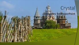  Presentation with russia - Colorful presentation design enhanced with famous-wooden-buildings backdrop and a light blue colored foreground