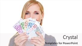  Presentation with happy smiling woman dental health - Presentation design featuring fan made of euro money background and a white colored foreground