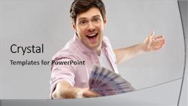 Presentation with money notes - PPT theme enhanced with fan of five hundred background and a light gray colored foreground