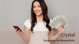  Presentation with hands holding - PPT theme with fan of money dollar cash background and a coral colored foreground