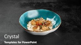  Presentation with black ceramic - PPT theme having fancy-appetizer-of-grilled-sea background and a dark gray colored foreground