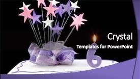  Presentation with fancy - Slides consisting of fancy cake with number 6 candle decorated with ribbons and star-shapes in pastel tones over black background background and a black colored foreground