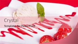  Presentation with fancy - Cool new presentation theme with fancy dessert with vanilla ice cream strawberries and raspberry sauce backdrop and a coral colored foreground