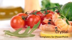  Presentation with fresh fruits salad on white - Colorful presentation theme enhanced with fancy dinner - fresh shrimps salad backdrop and a yellow colored foreground