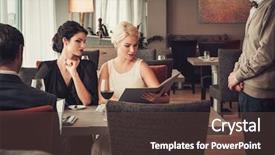  Presentation with restaurant menu - Cool new slides with fancy dinner - group of wealthy people backdrop and a tawny brown colored foreground