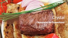  Presentation with beef meat soup - Presentation theme with fancy dinner - meat grilled beef fillet mignon background and a  colored foreground