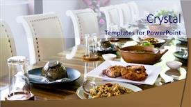  Presentation with food service - PPT theme featuring fancy dinner - table set service with food background and a  colored foreground