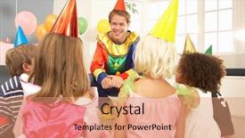  Presentation with party - Cool new theme with fancy dress - clown entertaining children at party backdrop and a coral colored foreground