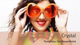  Presentation with fancy dress - Colorful theme enhanced with fancy dress - playful young woman with party backdrop and a  colored foreground