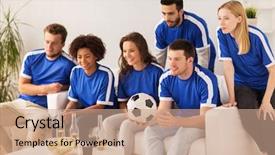  Presentation with soccer fans - Presentation design having fans with drinks watching soccer background and a coral colored foreground