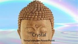  Presentation with sky rainbow - Presentation design having fantasy abstract of the face of a buddha with blue sky and double rainbow with reflection over rippled water to the rear background and a coral colored foreground