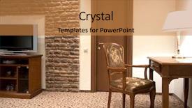  Presentation with tourism hotel lobby - Colorful PPT theme enhanced with fantasy lodge - tv and table backdrop and a gold colored foreground