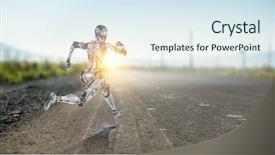  Presentation with silver - Beautiful slide deck featuring fantasy robot - cyborg silver running woman mixed backdrop and a sky blue colored foreground