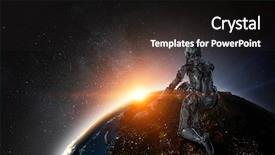  Presentation with silver - Audience pleasing slide set consisting of fantasy robot - cyborg silver woman sitting backdrop and a dark gray colored foreground