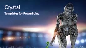  Presentation with knee - PPT theme having fantasy robot - cyborg silver woman sitting background and a navy blue colored foreground