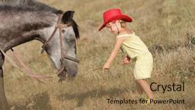  Presentation with horse child - Audience pleasing theme consisting of farm kids - young happy child girl feeding backdrop and a coral colored foreground
