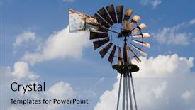  Presentation with old windmill - Audience pleasing theme consisting of farm mechanization - close-up of an old abandoned backdrop and a light blue colored foreground