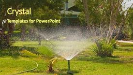  Presentation with green lawn - Slide set consisting of farm mechanization - garden sprinkler on a sunny background and a tawny brown colored foreground