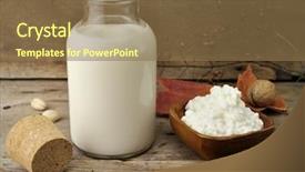 Presentation with milk dairy cheese yogurt sour - PPT theme consisting of farm table - fresh milk and cottage cheese background and a coral colored foreground