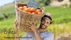  Presentation with fruits on a farm market - Colorful PPT theme enhanced with farmer carrying by fresh orange backdrop and a coral colored foreground