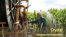  Presentation with agriculture irrigation - Presentation featuring farmer controlling irrigation machinery background and a tawny brown colored foreground