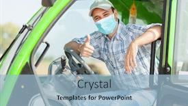  Presentation with organic farming corn seedling growing - PPT theme enhanced with farmer-driving-tractor-in-corn background and a light blue colored foreground