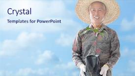  Presentation with young plant - Cool new PPT layouts with farmer holding a young plant backdrop and a sky blue colored foreground