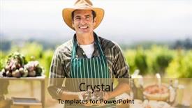 Presentation with fruits on a farm market - Cool new slide deck with farmer holding box of fig backdrop and a yellow colored foreground