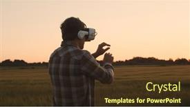  Presentation with virtual reality - Slide set with farmer-in-virtual-reality-helmet background and a tawny brown colored foreground