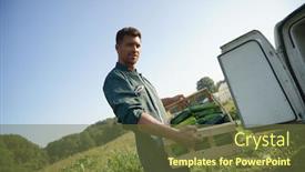  Presentation with loading - Presentation design featuring farmer loading crate of zucchinis in truck background and a tawny brown colored foreground