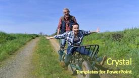  Presentation with woman pushing shopping trolley - Colorful presentation design enhanced with farmer pushing woman in wheelbarrow backdrop and a tawny brown colored foreground