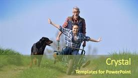  Presentation with woman pushing shopping trolley - Presentation design consisting of farmer pushing woman in wheelbarrow background and a tawny brown colored foreground