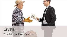  Presentation with people lost money fired businessman - Cool new PPT theme with farmer with a burlap sack backdrop and a light gray colored foreground