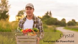  Presentation with agricultural - Presentation design featuring farmer-with-a-vegetable-box background and a coral colored foreground