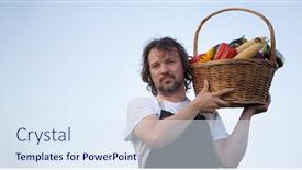  Presentation with beds - Beautiful PPT layouts featuring farmer with an ecological harvest of vegetables in a basket near the garden beds in summer backdrop and a sky blue colored foreground