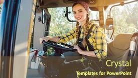  Presentation with tractor - Cool new PPT layouts with farmer-woman-driving-a-tractor backdrop and a tawny brown colored foreground