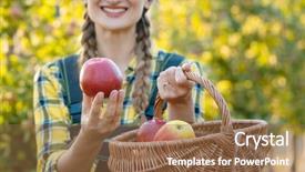  Presentation with fruit farm - Slides with farmer woman in fruit orchard background and a tawny brown colored foreground