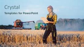  Presentation with christian harvest - Colorful PPT theme enhanced with farmer-woman-with-clipboard backdrop and a sky blue colored foreground