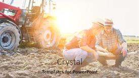  Presentation with flare - Beautiful presentation design featuring farmers examining soil in field with yellow lens flare in background backdrop and a coral colored foreground