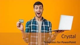  Presentation with credit card - Theme enhanced with farmers network - cheerful young man wearing plaid background and a gold colored foreground